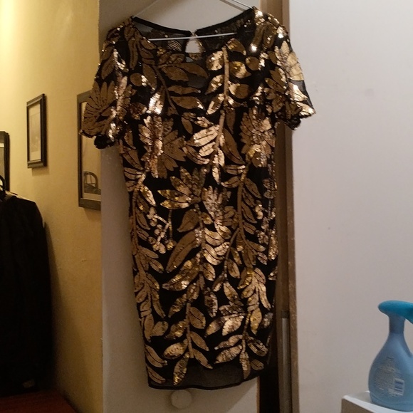 Anthropologie Maeve Black and Gold Sequin Floral Mini Dress Small NWT - Picture 3 of 3